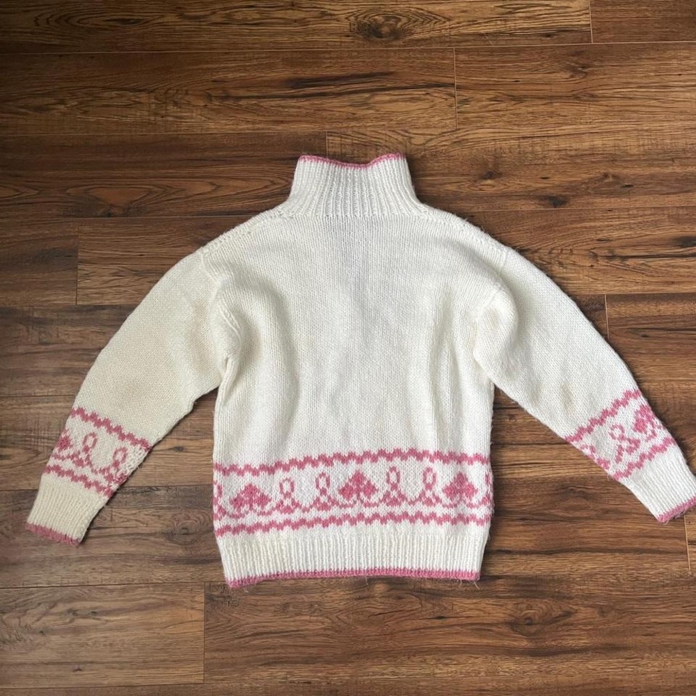Vintage Handknit Wool‎ Collar Button Pullover Sweater White Pink Medium Coquette - Picture 6 of 6